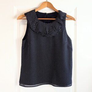 J. Crew Navy Blue Polka Dot Silk Ruffle Collar Sleeveless Top
